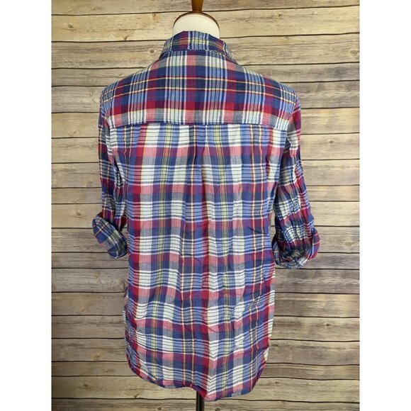 American Eagle Womens M Vintage Boyfriend Plaid Top Button Front Tabbed Sleeves - Picture 6 of 10